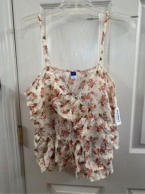 Old Navy Cream Floral Ruffle Spaghetti-Strap Top with Red and Green Accents